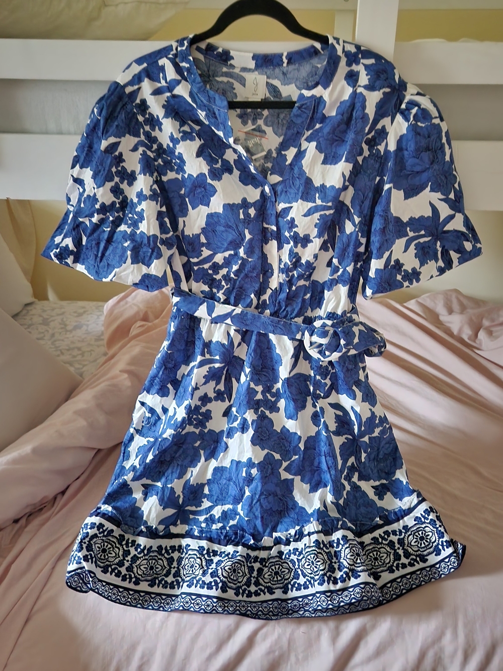 NWT Joie Blue White Belted Mini Dress Puff Sleeve Feminine Floral Cotton 16